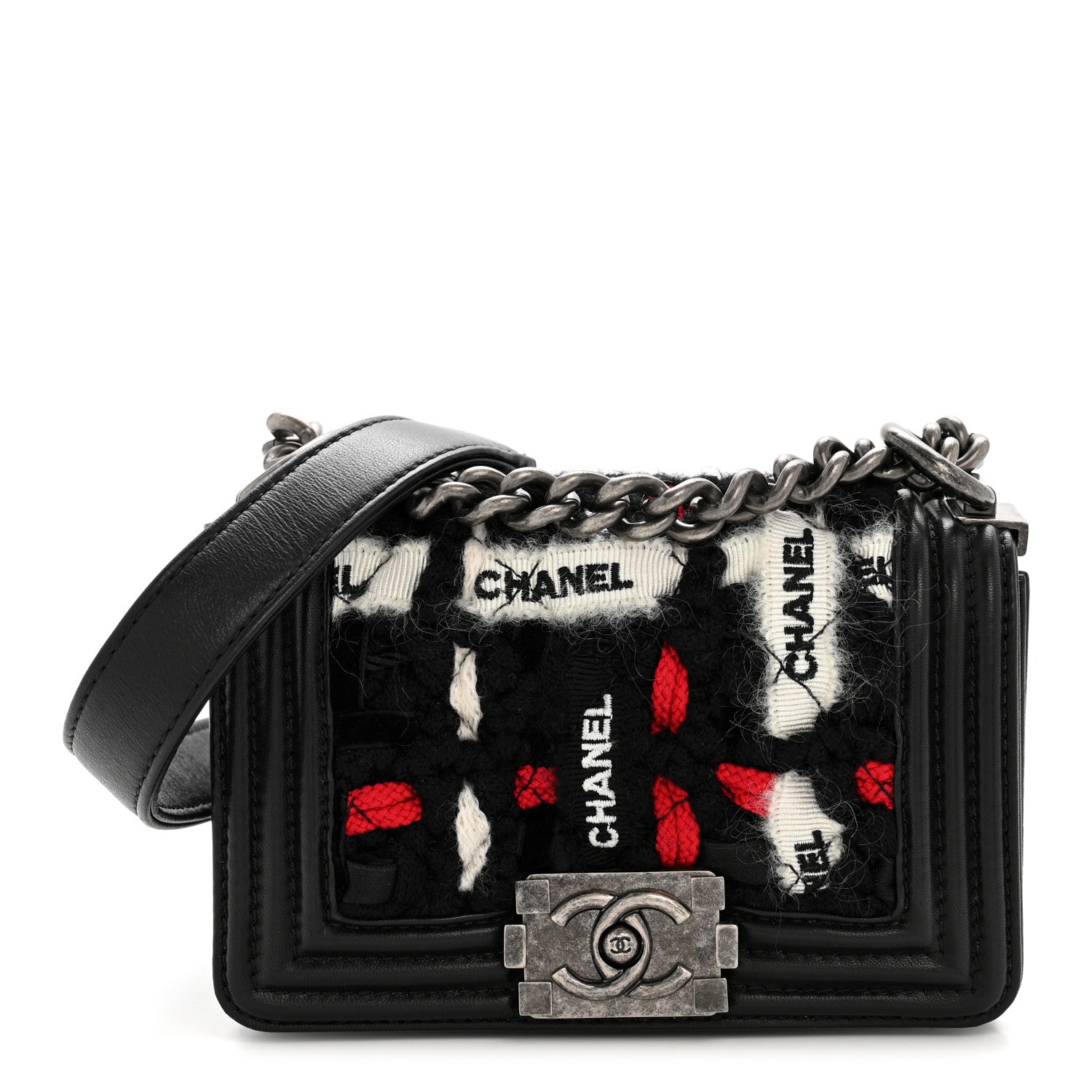 Chanel Lambskin Tweed Logo Embroidered Mini Boy Flap White Red Black