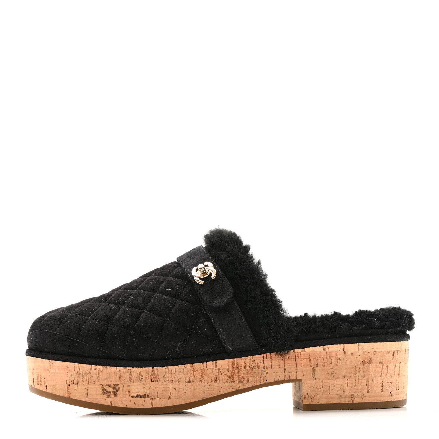 Chanel Suede Calfskin Shearling Turn Lock Clogs 41 Black