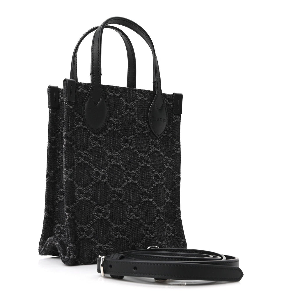 Gucci Denim GG Monogram Dollar Calfskin Mini Ophidia Tote Black Grey