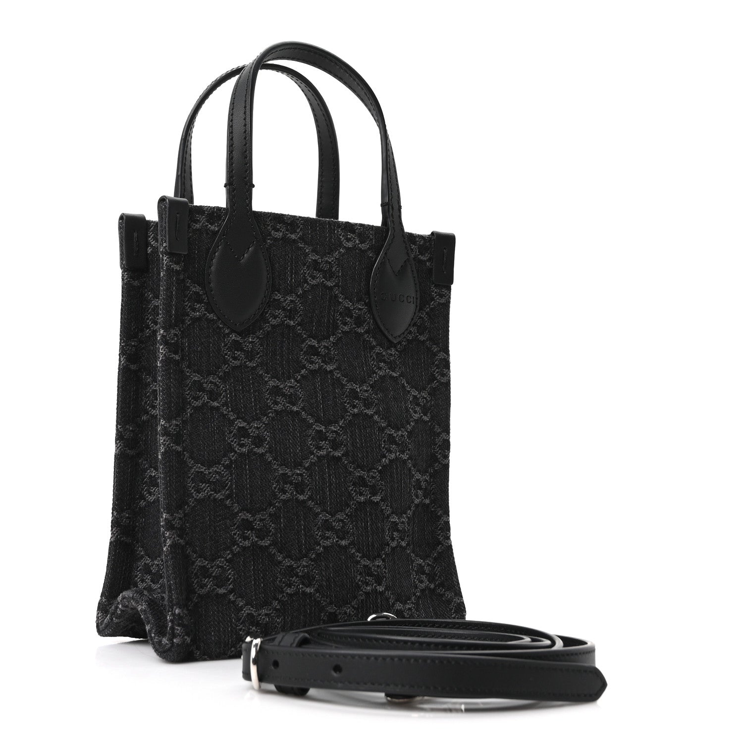 Gucci Denim GG Monogram Dollar Calfskin Mini Ophidia Tote Black Grey