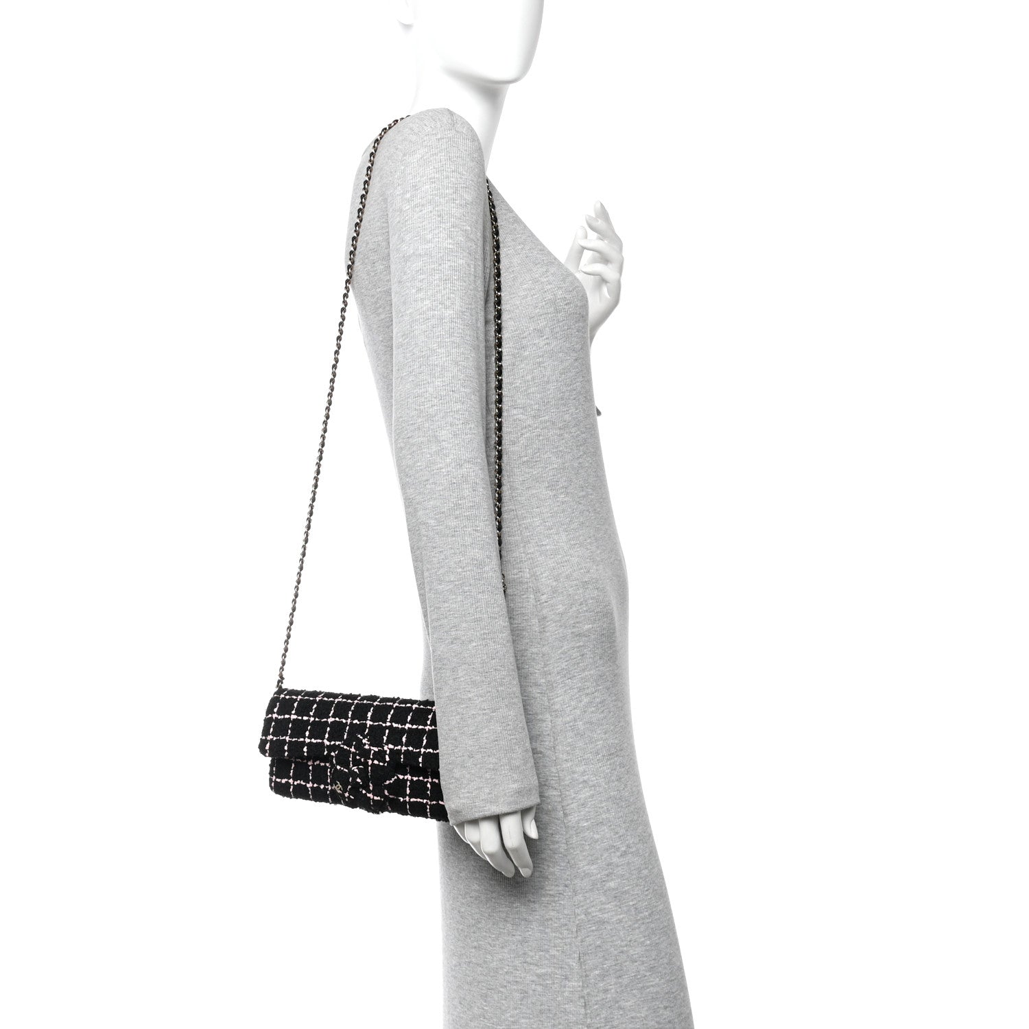 Chanel Tweed Quilted East West Camellia Clutch Black Pink