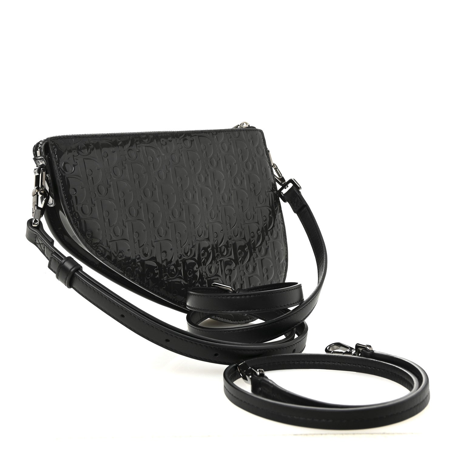 Christian Dior Patent Oblique Embossed Saddle Boxy Bag Black