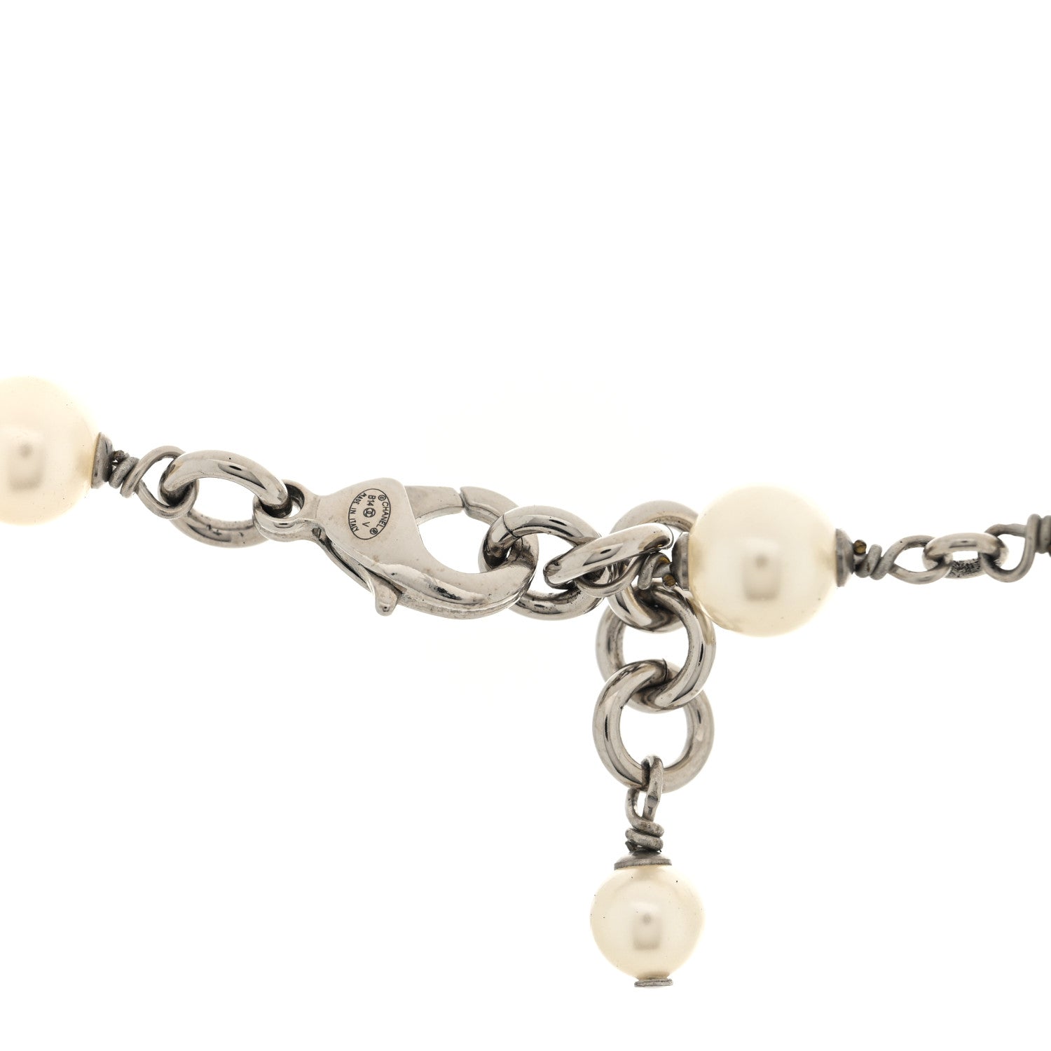 Graduated Pearl Crystal CC Long Necklace Silver