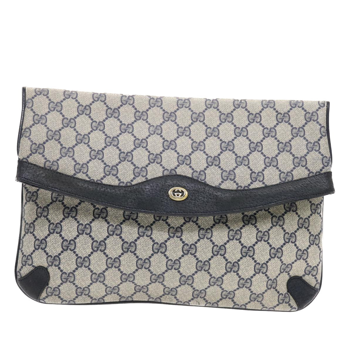 GUCCI GG Canvas Clutch Bag PVC Leather Gray Navy 89 02 075  49798