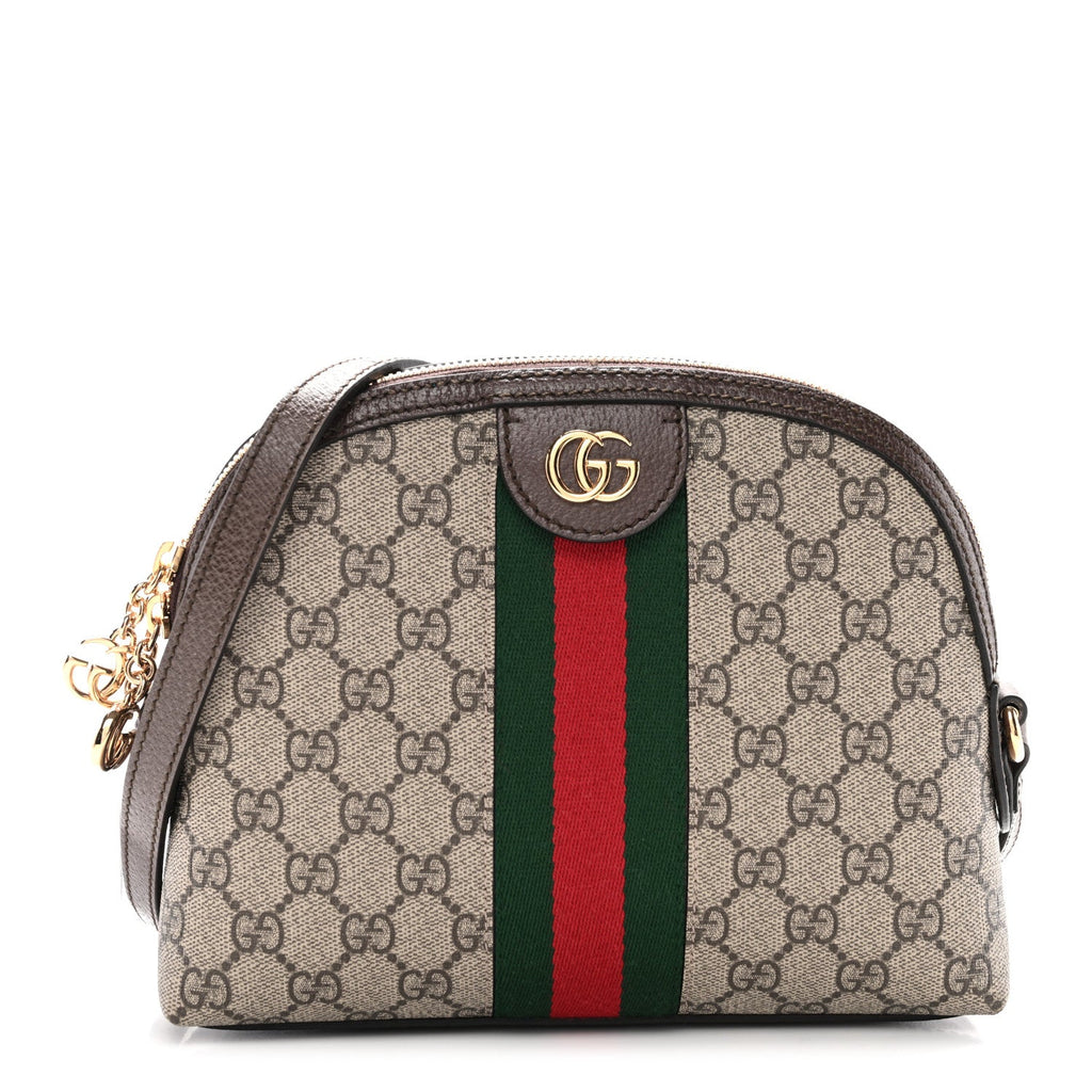 Gucci GG Supreme Monogram Textured Dollar Calfskin Web Small Ophidia Dome Shoulder Bag Beige Ebony New Acero