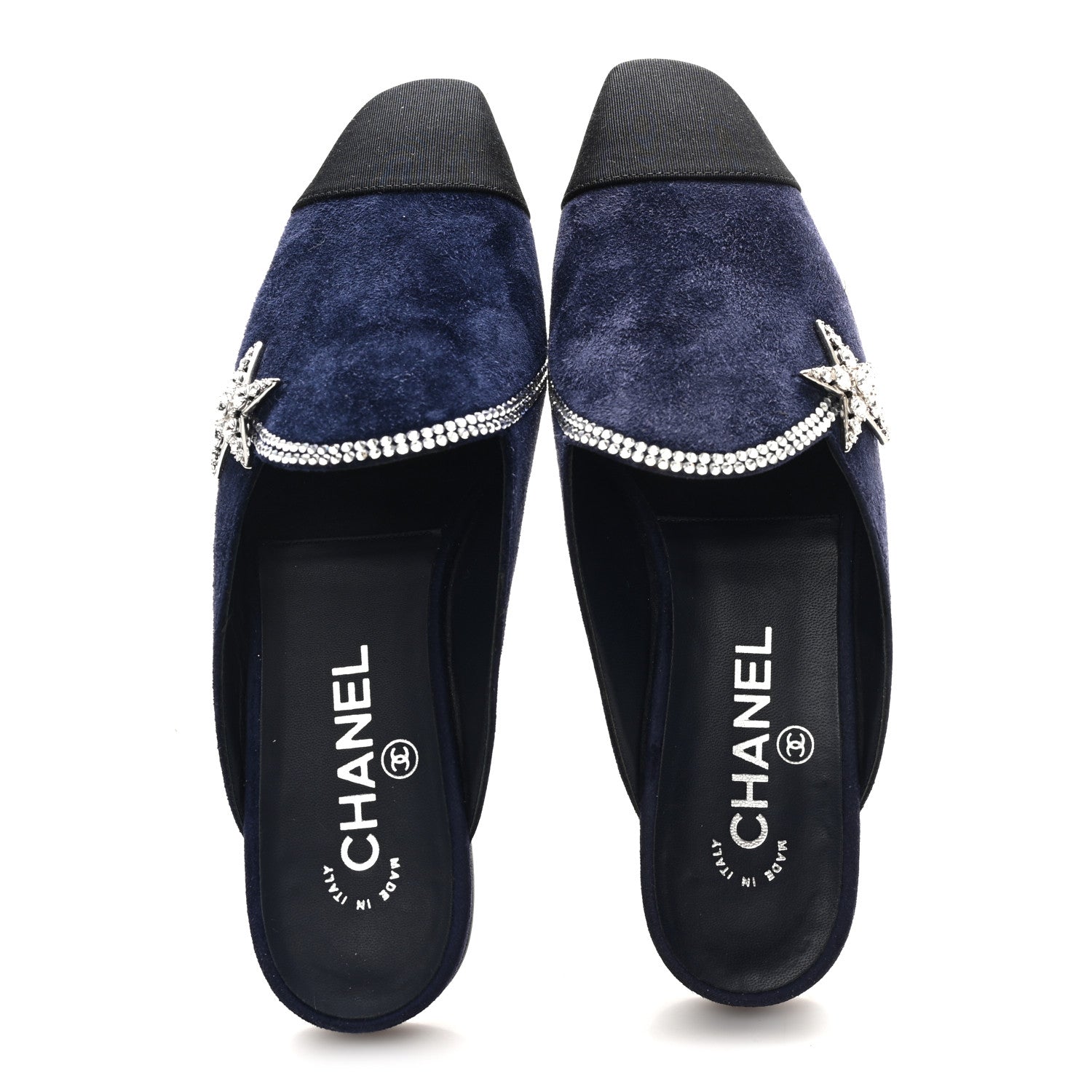 Chanel Suede Calfskin Grosgrain Crystal CC Star Mules  37.5 Blue Black