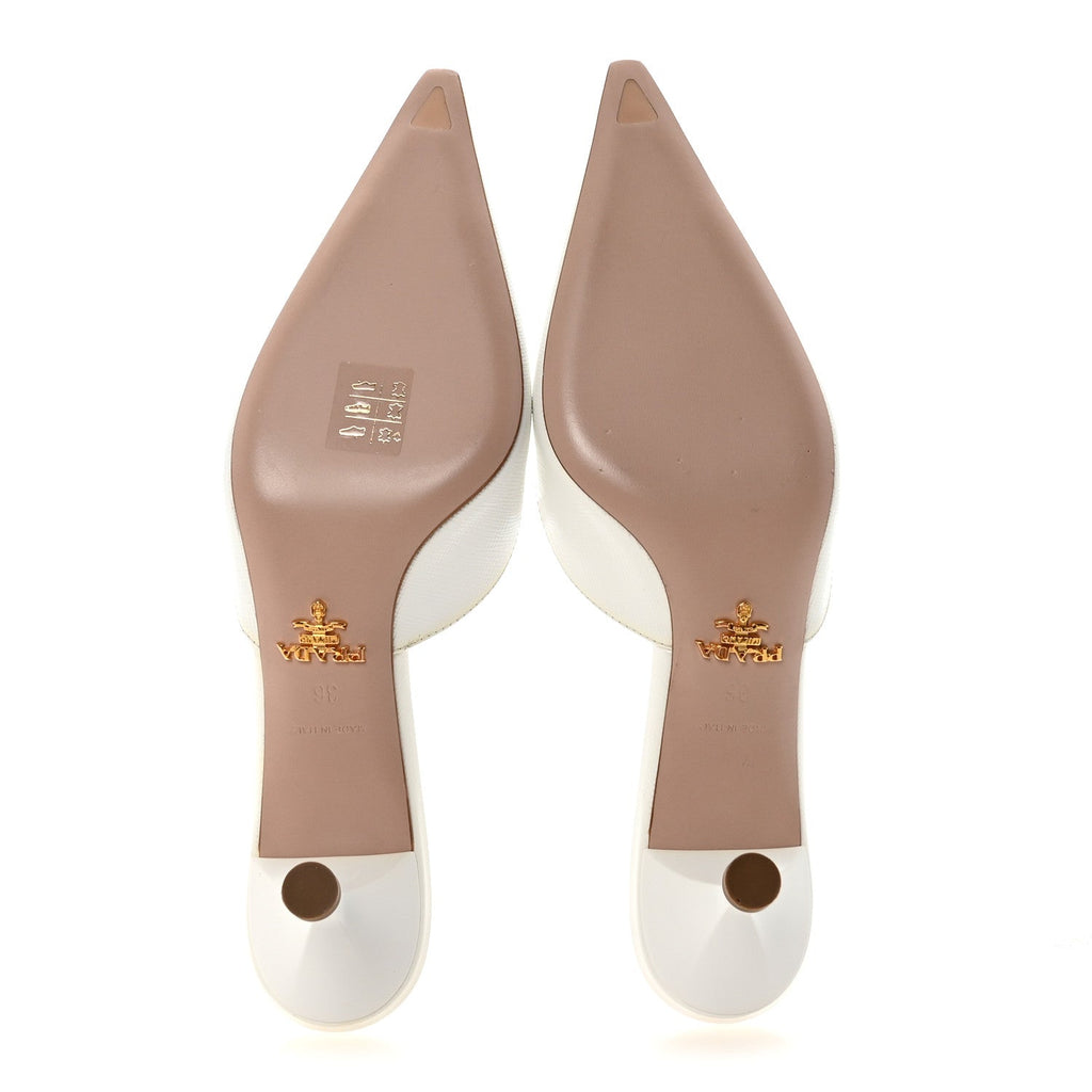 Prada Saffiano Logo Pointed Toe 50mm Mules 36 White
