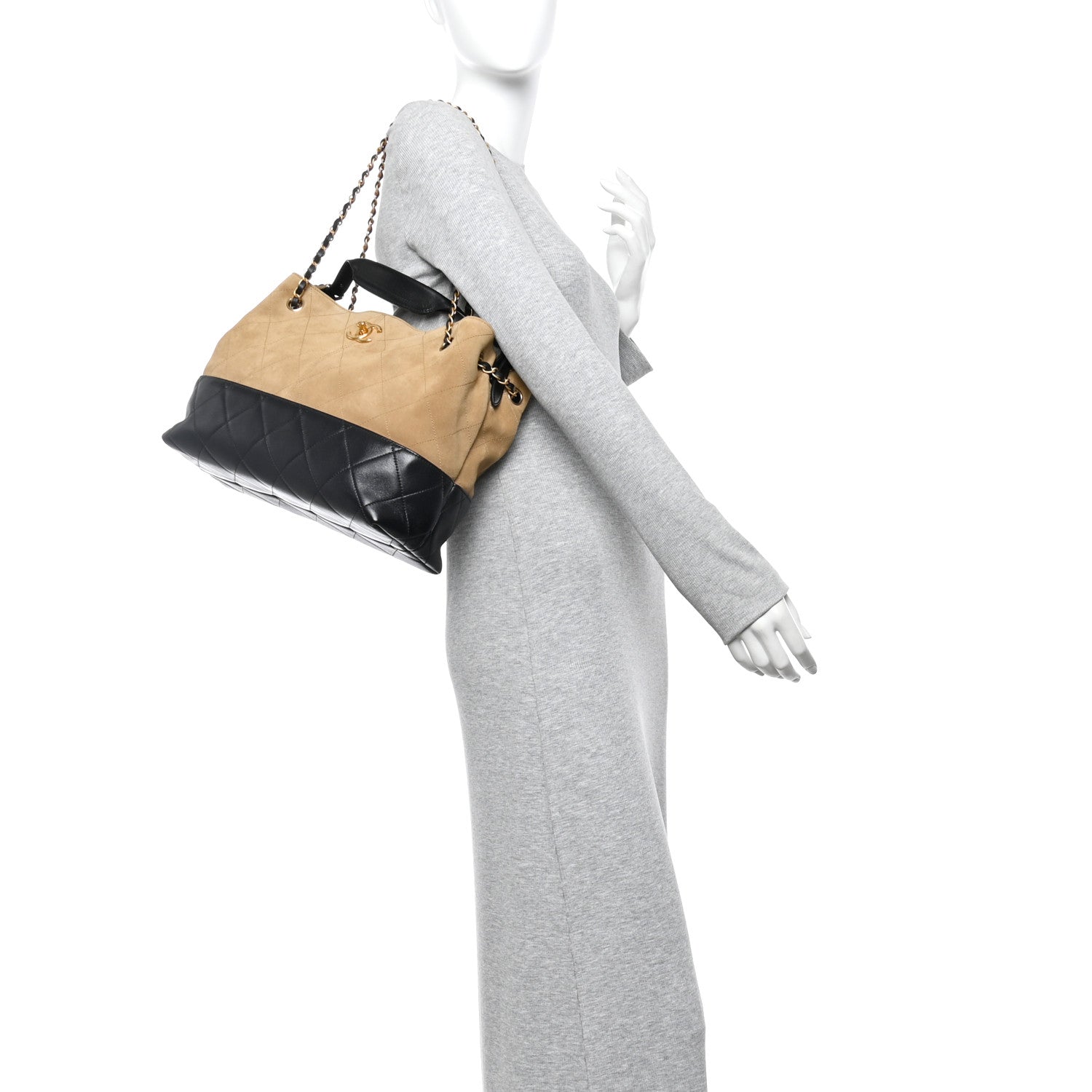 Chanel Suede Calfskin Shiny Lambskin Quilted Small Coco Base Shopping Bag Beige Black