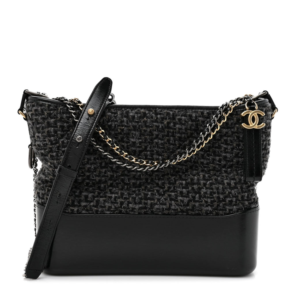 Chanel Tweed Calfskin Quilted Medium Gabrielle Hobo Black