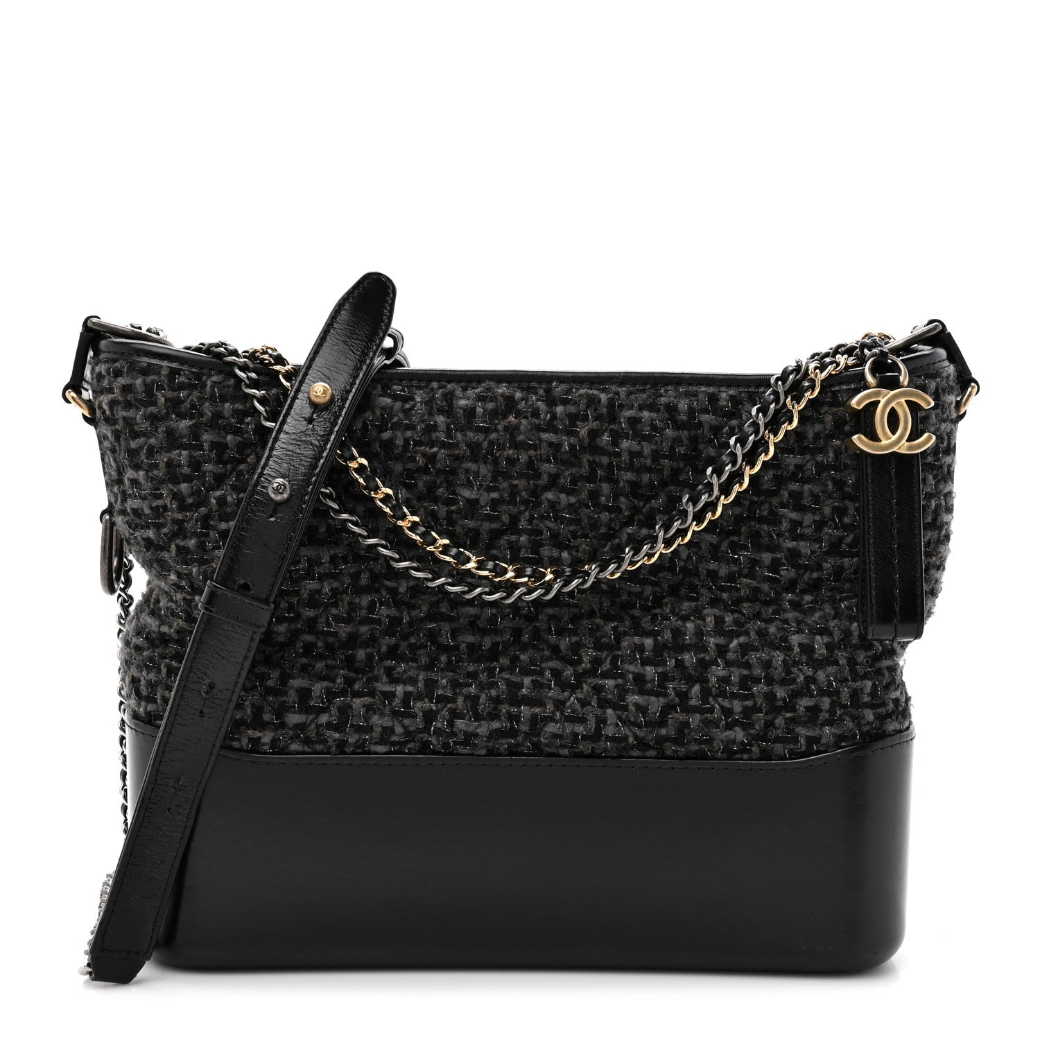 Chanel Tweed Calfskin Quilted Medium Gabrielle Hobo Black