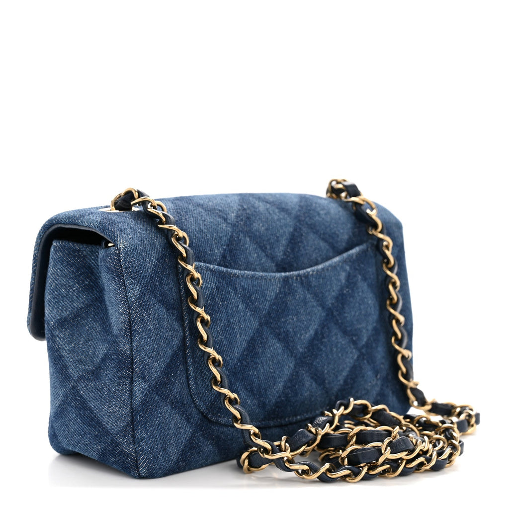 Chanel Printed Denim Quilted Mini Rectangular Flap Dark Blue