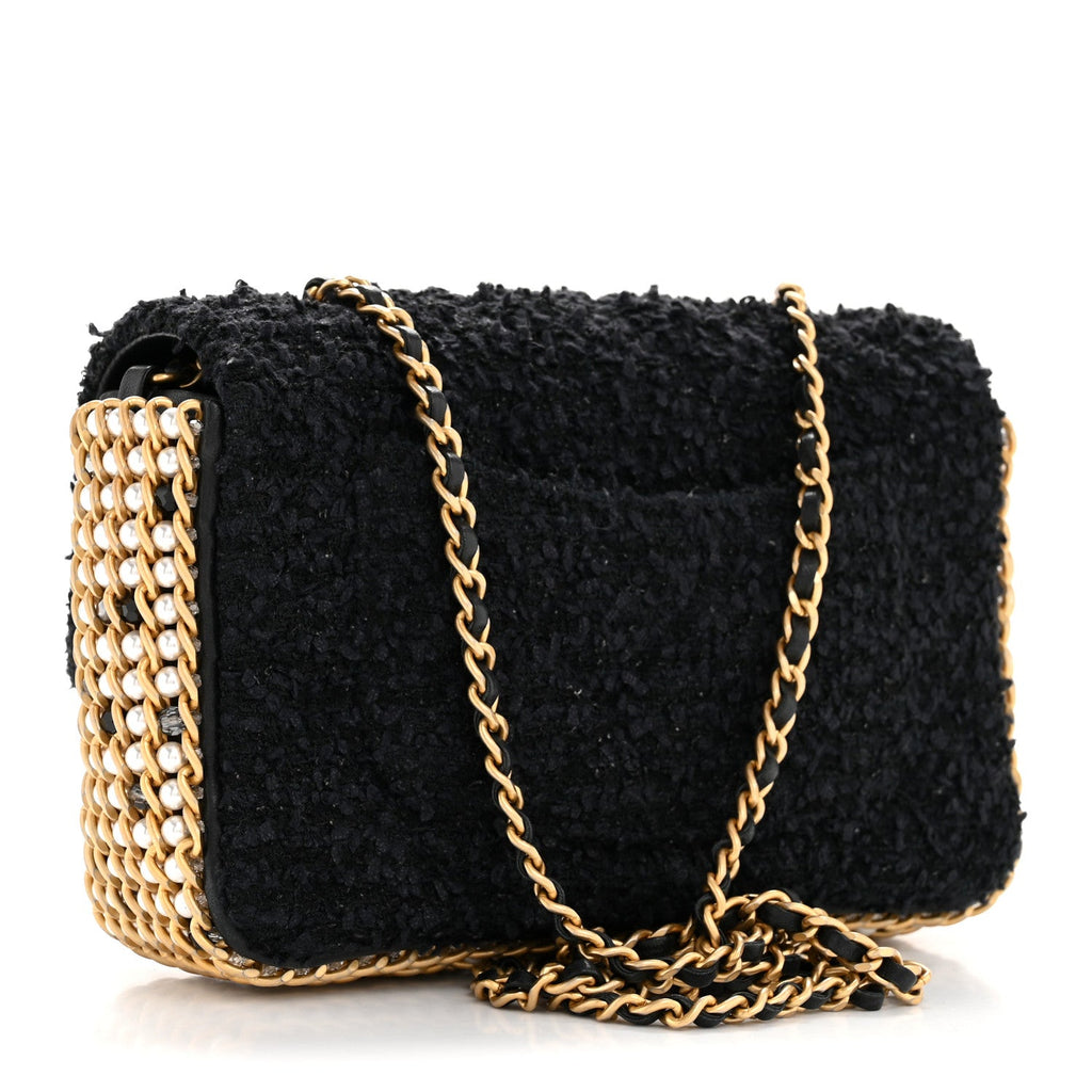 Chanel Tweed Quilted Mini Side Pearl Flap Bag Black