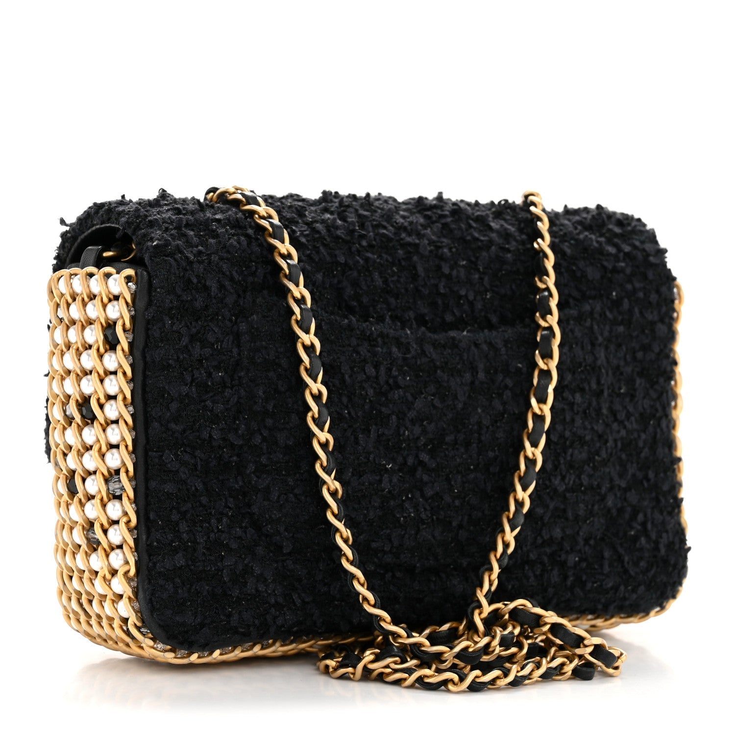 Chanel Tweed Quilted Mini Side Pearl Flap Bag Black