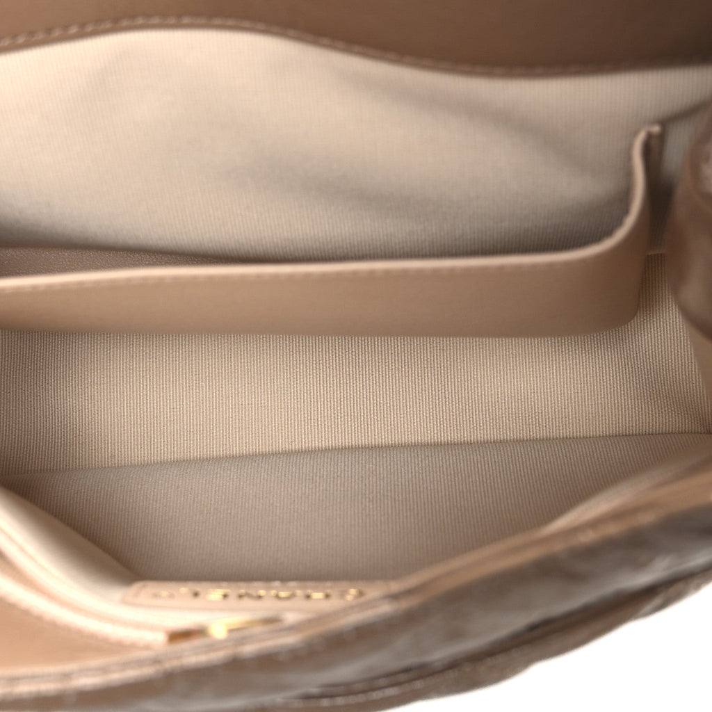Chanel Shiny Crumpled Calfskin Quilted Wavy CC Hobo  Dark Beige