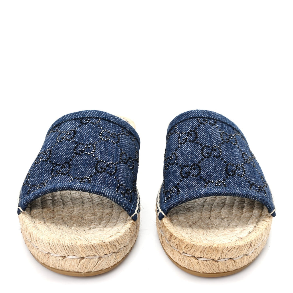 Gucci Denim Crystals GG Monogram Espadrille 20mm Slide Sandals 39 Denim