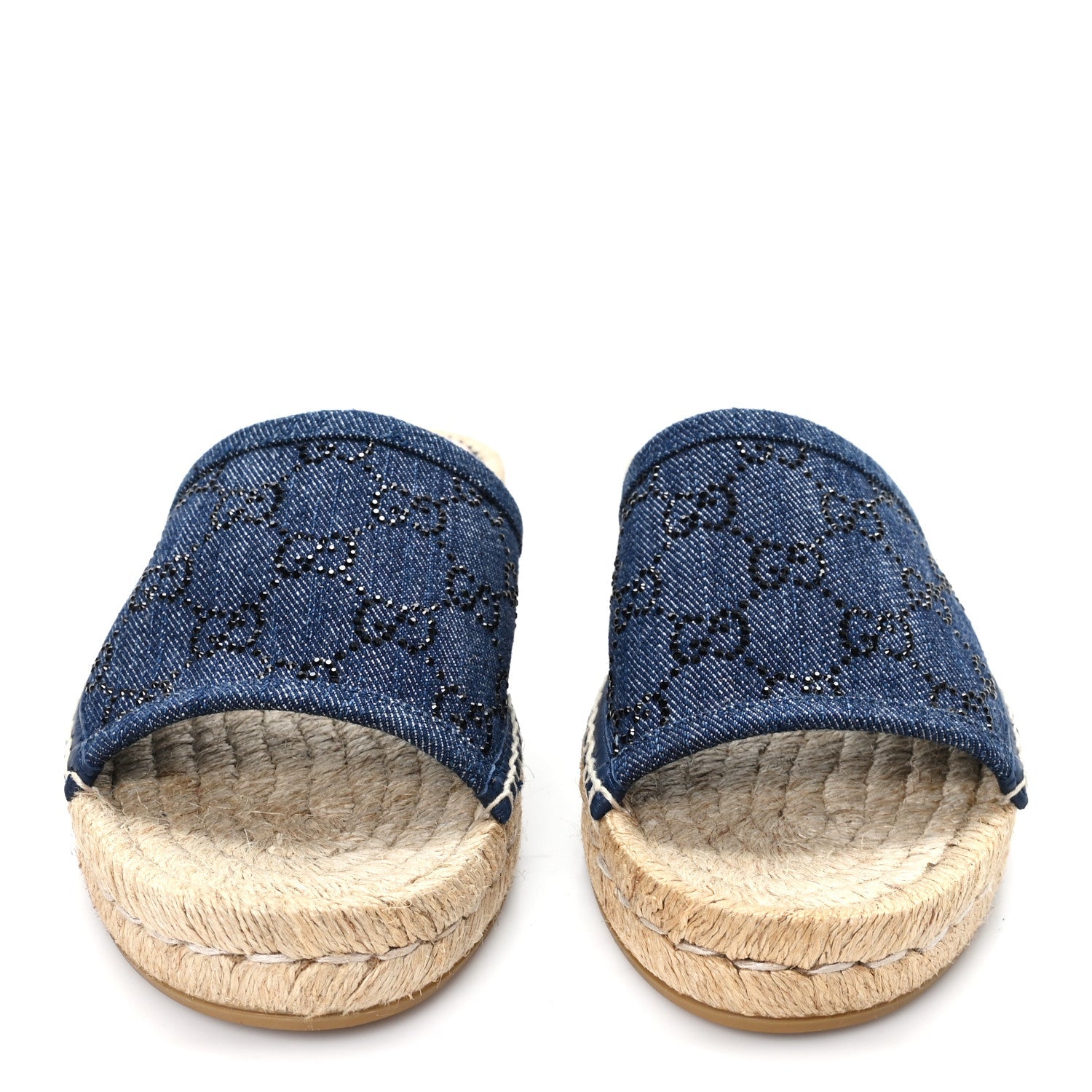 Gucci Denim Crystals GG Monogram Espadrille 20mm Slide Sandals 39 Denim