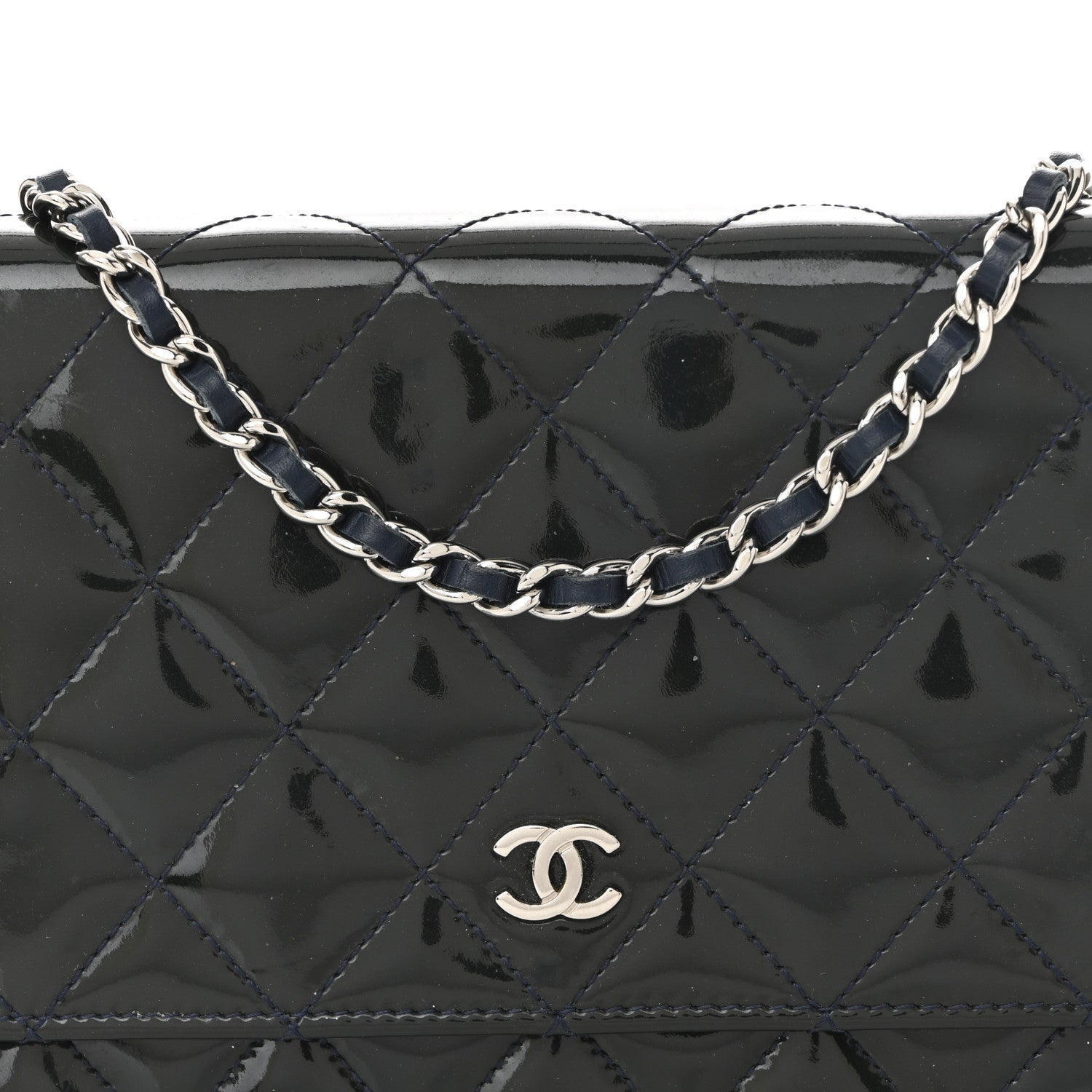 Chanel Patent Quilted Wallet On Chain WOC Navy Blue