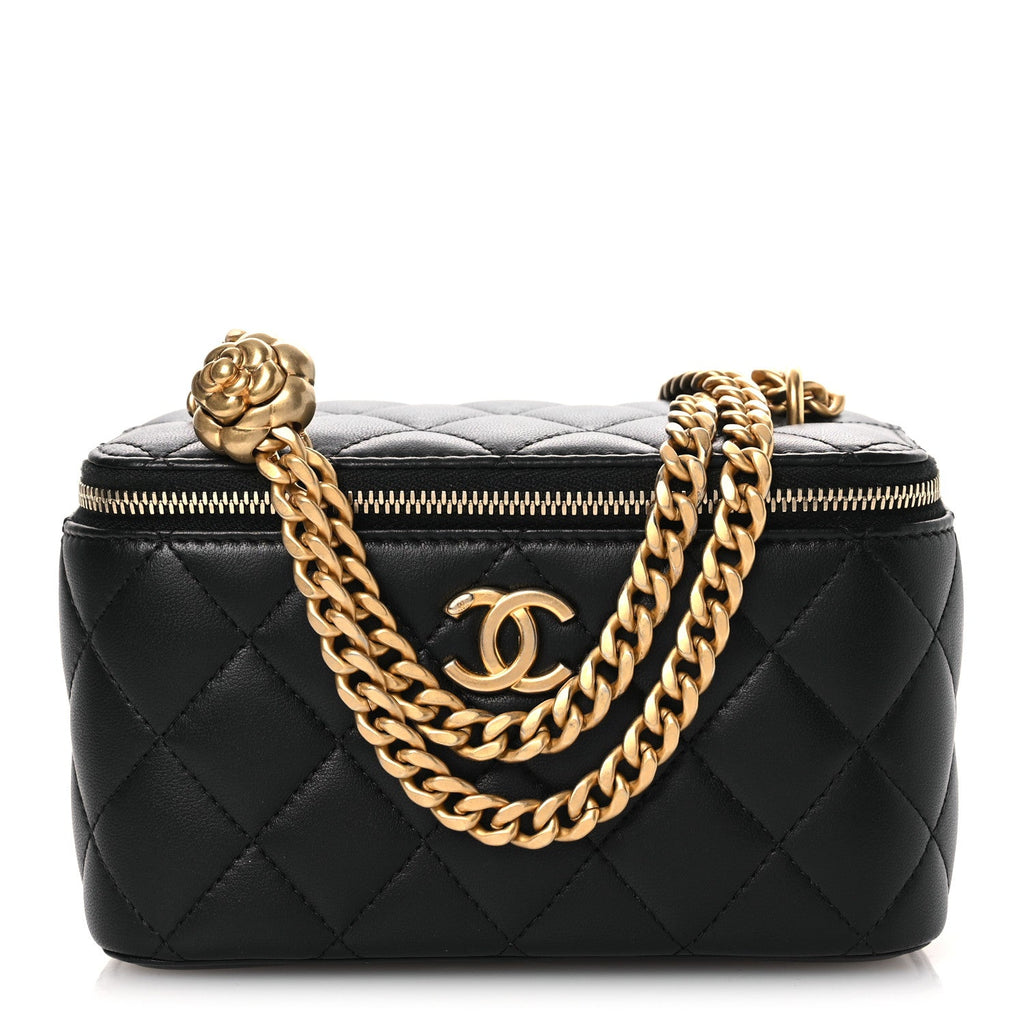 Chanel Lambskin Quilted Camellia Vanity Case Black