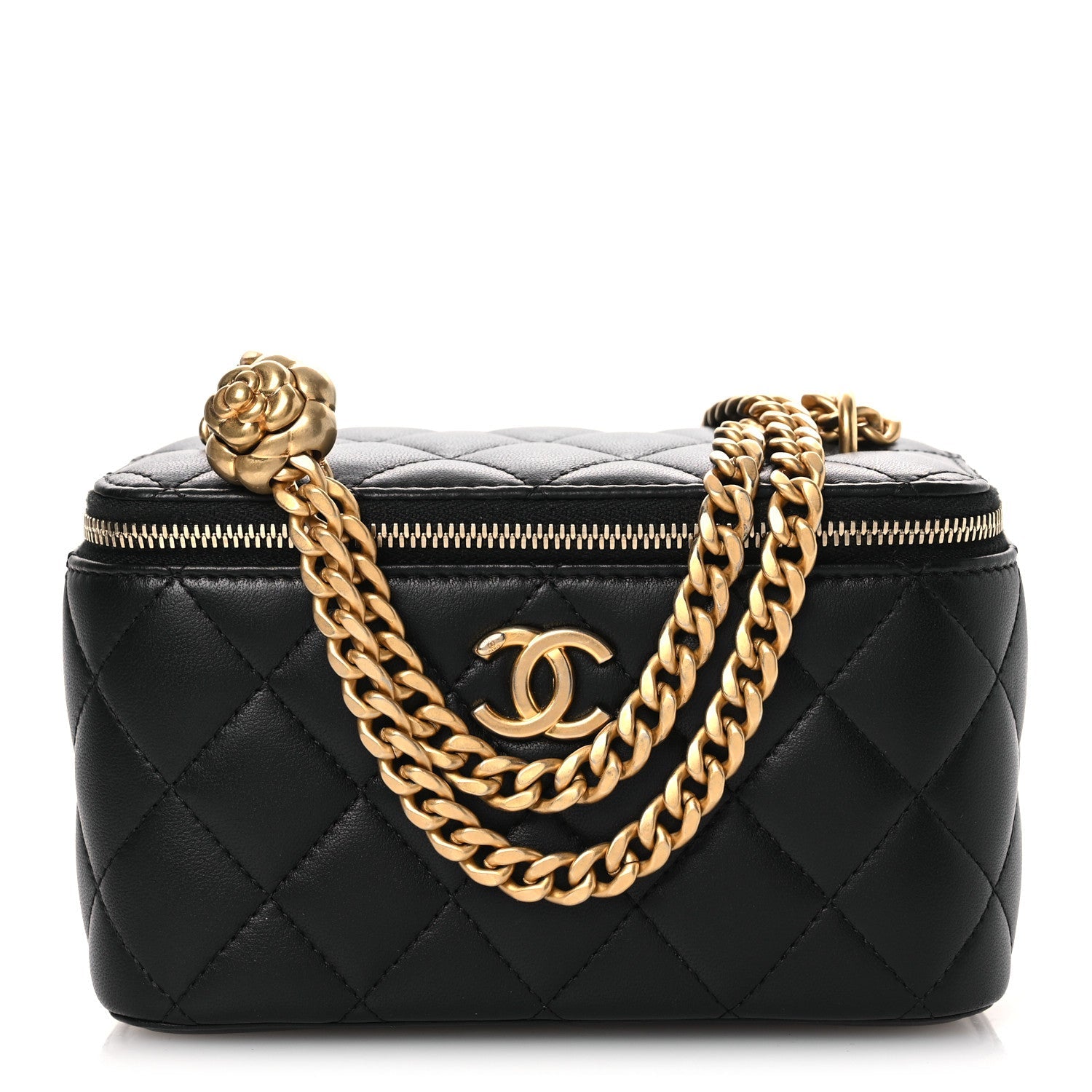 Chanel Lambskin Quilted Camellia Vanity Case Black