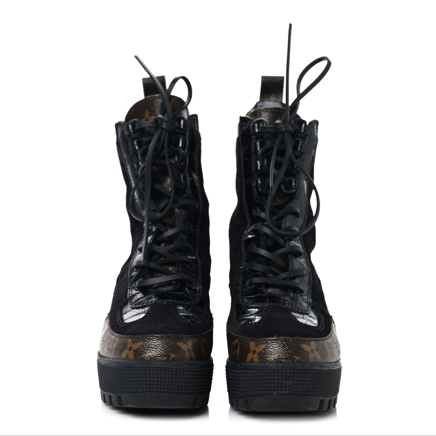 Louis Vuitton Suede Crocodile Embossed Calfskin Monogram Laureate Platform Desert Boots 36 Black
