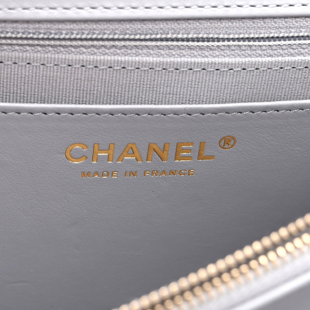 Chanel Caflskin Quilted Dual Handle Chain Flap Bag Grey