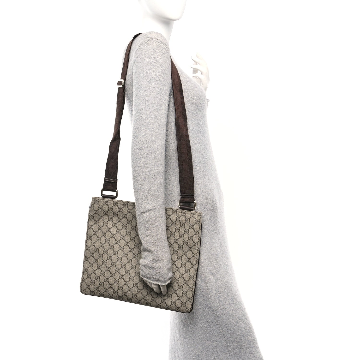 Gucci GG Supreme Monogram Medium Flat Messenger Bag Dark Brown