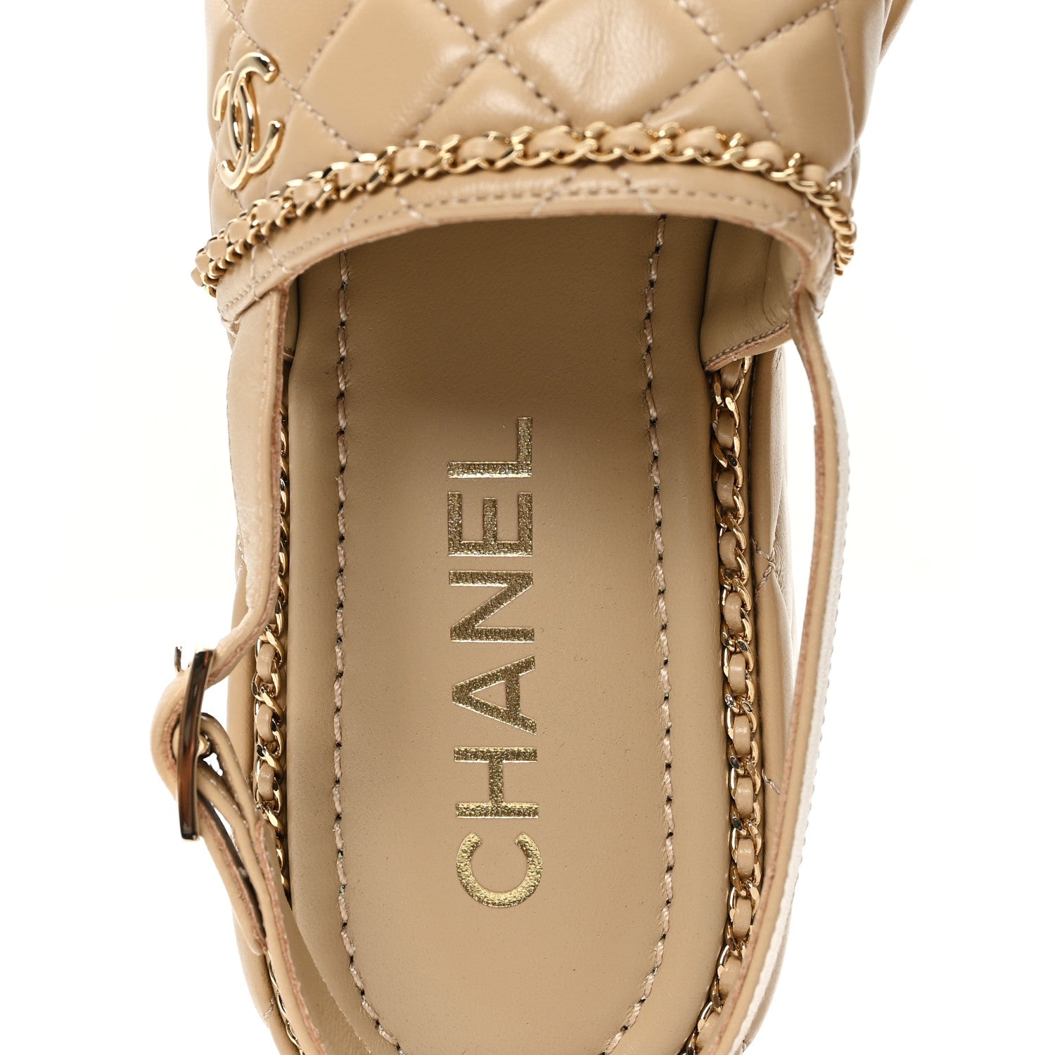 Chanel Shiny Lambskin Quilted Chain Around CC Platform Sandals 39.5 Beige