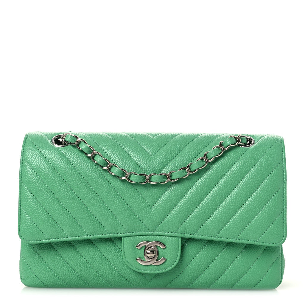 Chanel Caviar Chevron Quilted Medium Double Flap Green