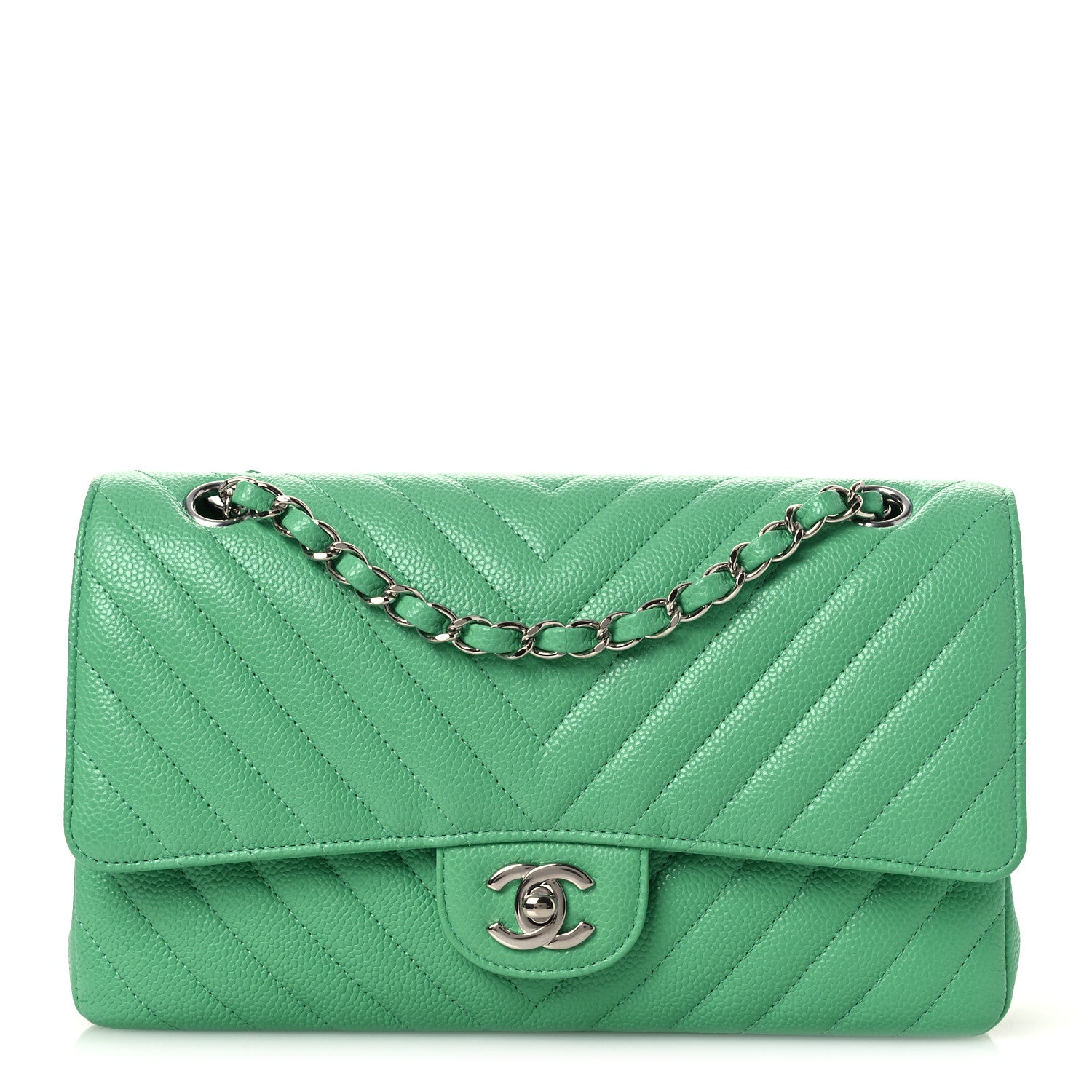 Chanel Caviar Chevron Quilted Medium Double Flap Green