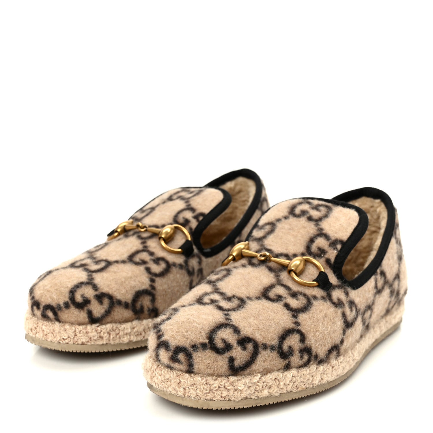 Gucci Covered Wool GG Monogram Womens Fria Horsebit Loafers 35.5 Beige Ebony Black Butterscotch
