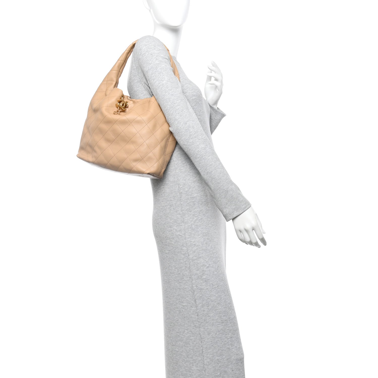 Chanel Calfskin Quilted Small Maxi Hobo Beige