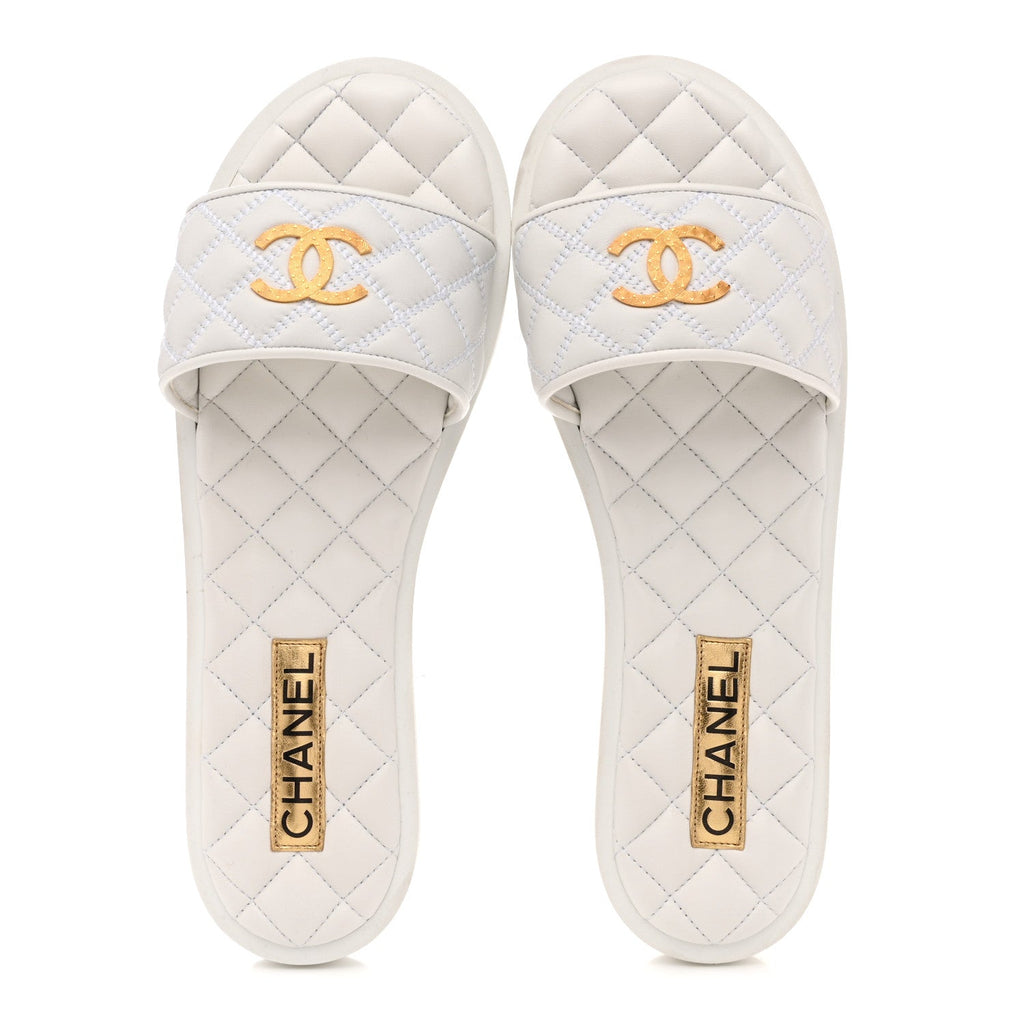 Lambskin Quilted Textured CC Mules Sandals 41.5 White