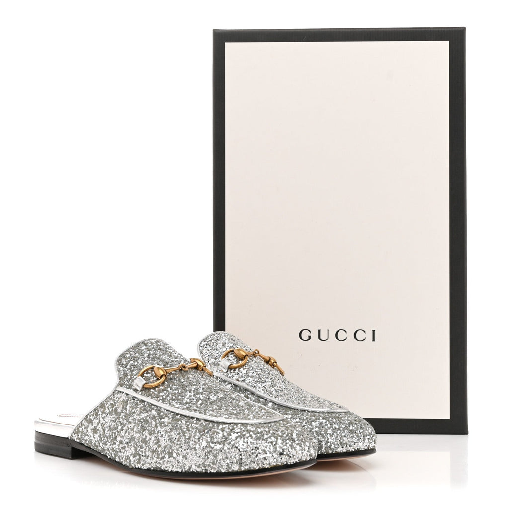 Gucci Glitter Womens Princetown Slippers 36 Silver