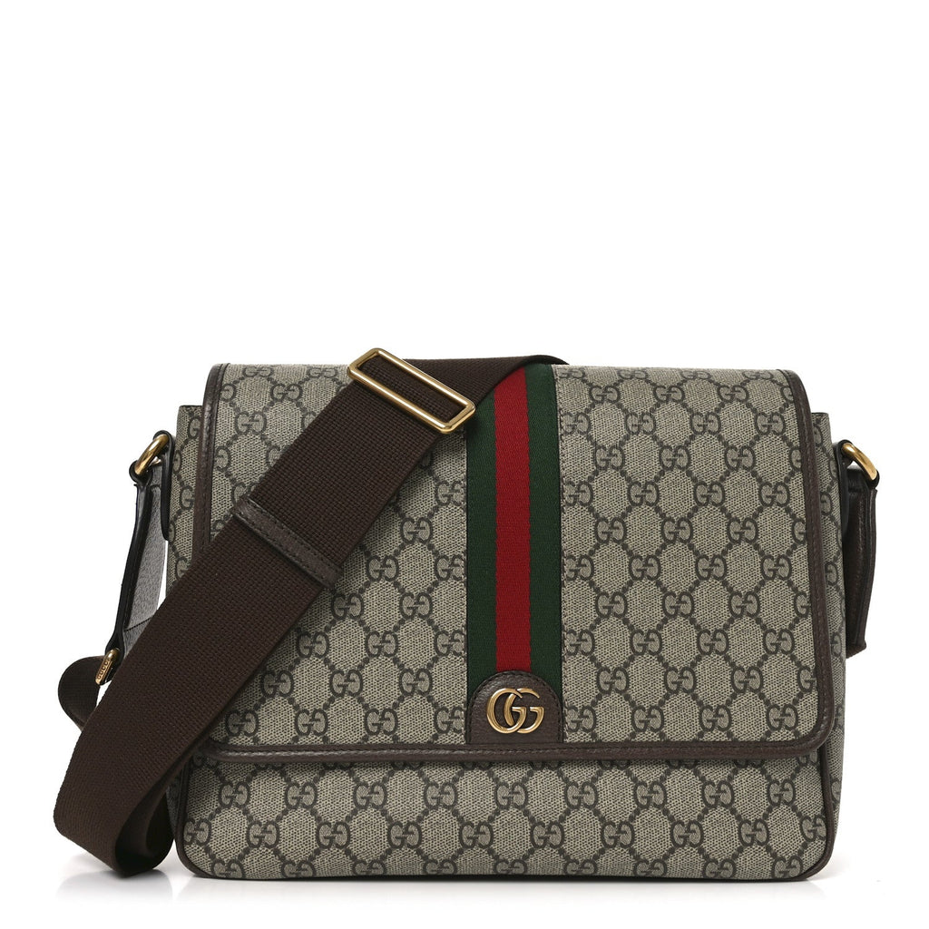 Gucci Tender GG Supreme Monogram Textured Dollar Calfskin Ophidia Messenger Bag Beige Ebony Dark Brown