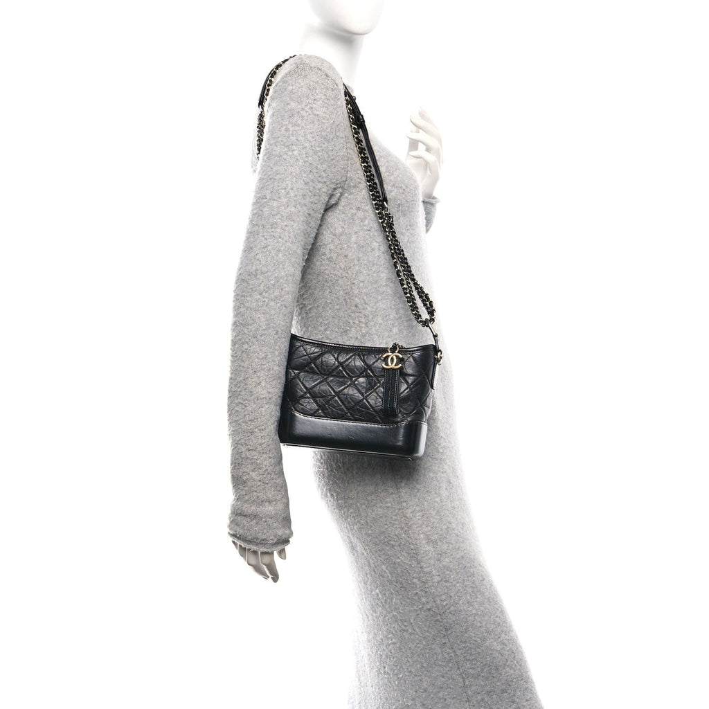 Chanel Aged Calfskin Quilted Small Gabrielle Hobo Black