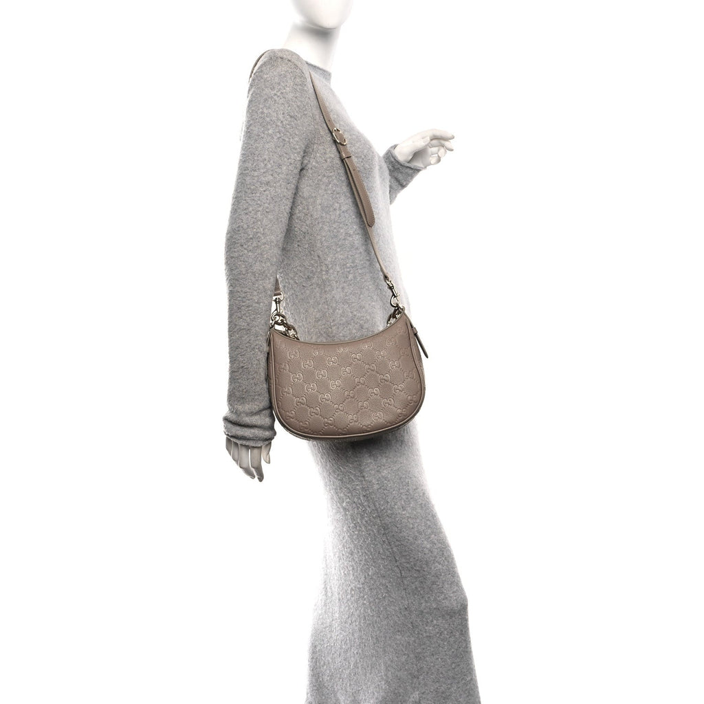 Gucci GG Grainy Calfskin Emblem Medium Half Moon Shoulder Bag Taupe
