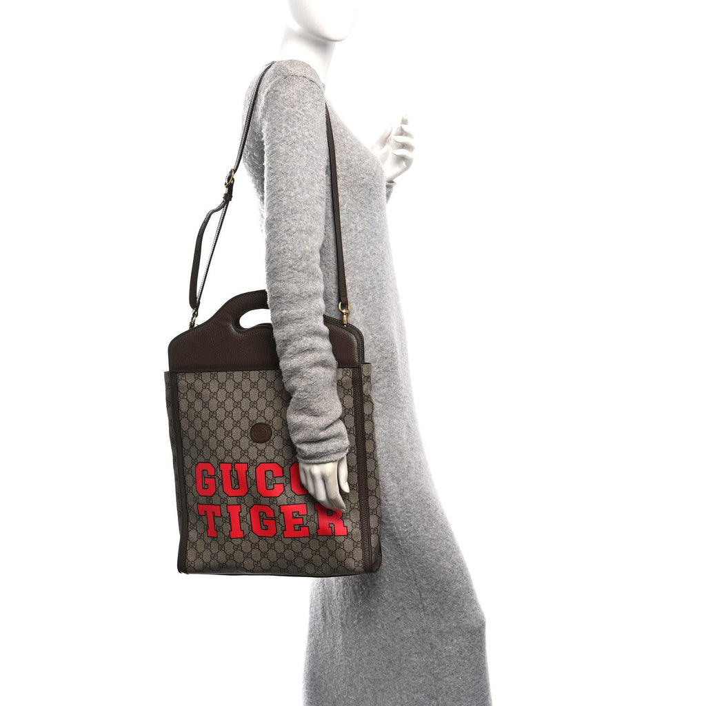 Gucci GG Supreme Monogram Textured Dollar Calfskin Web Gucci Tiger Slip Handle Tote Beige Ebony Live Red New Shamarock New Acero