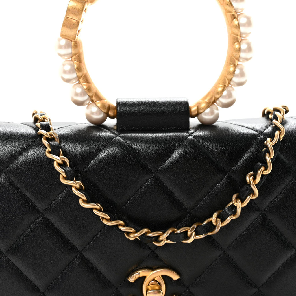 Chanel Lambskin Quilted Pearl Crown Wallet On Chain WOC Black