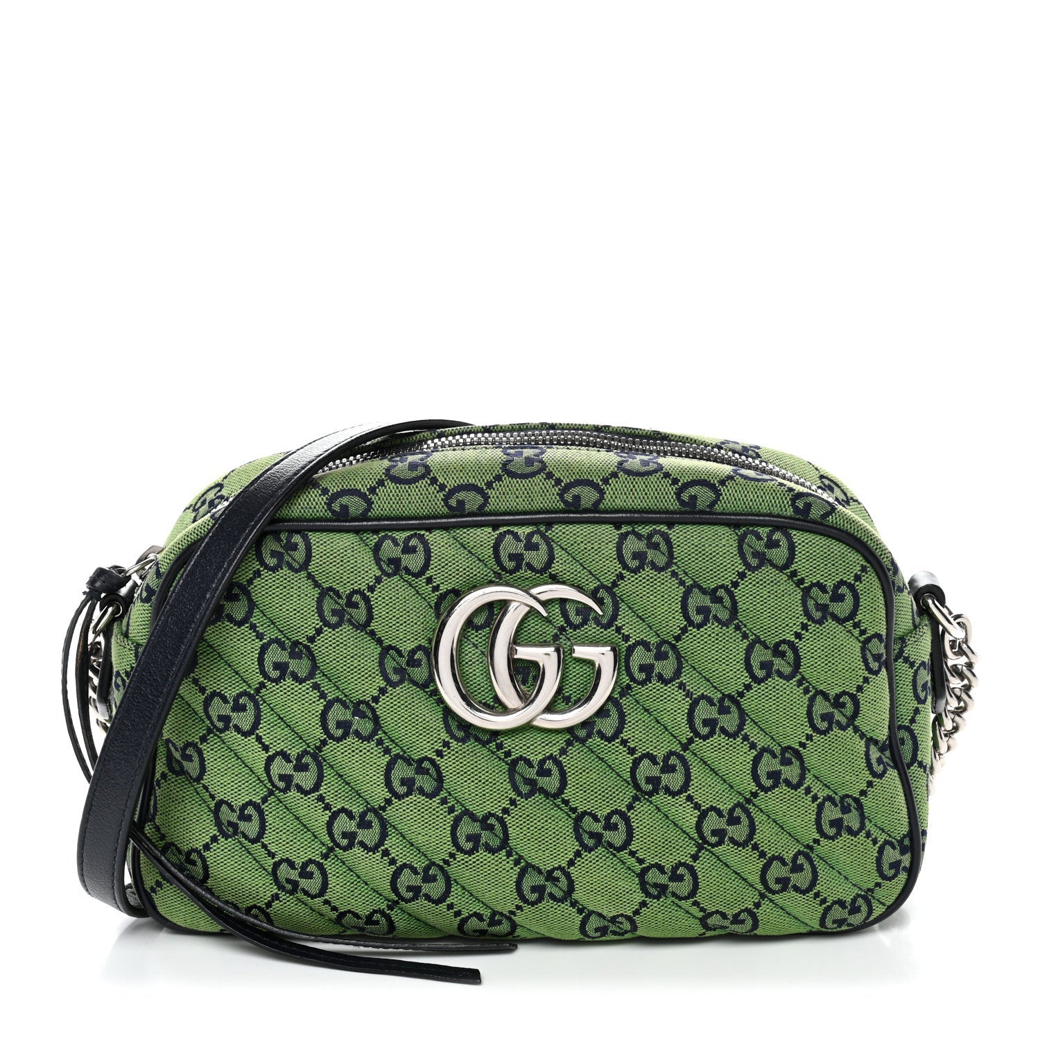 Gucci Monogram Multicolor Matelasse Diagonal Small GG Marmont Chain Shoulder Bag Green Blue