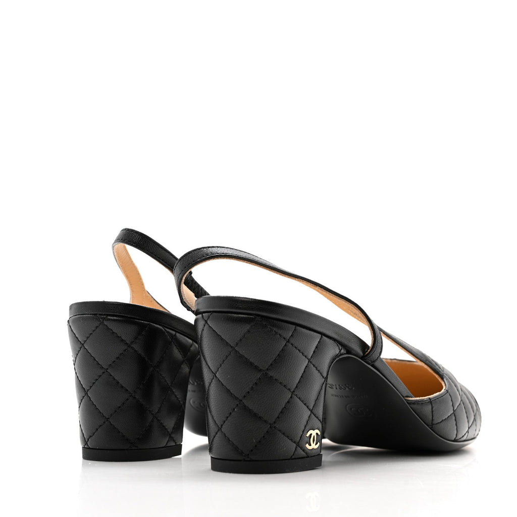 Lambskin Patent Calfskin Quilted Cap Toe CC Slingback Pumps 39.5 Black