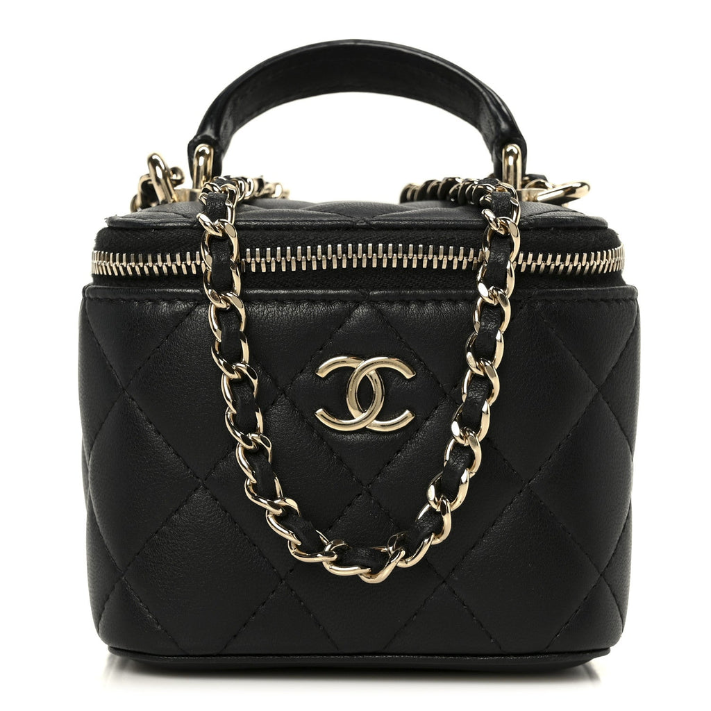 Chanel Lambskin Quilted Top Handle Mini Vanity Case With Chain Black