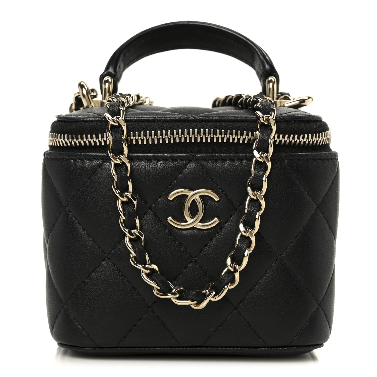 Chanel Lambskin Quilted Top Handle Mini Vanity Case With Chain Black