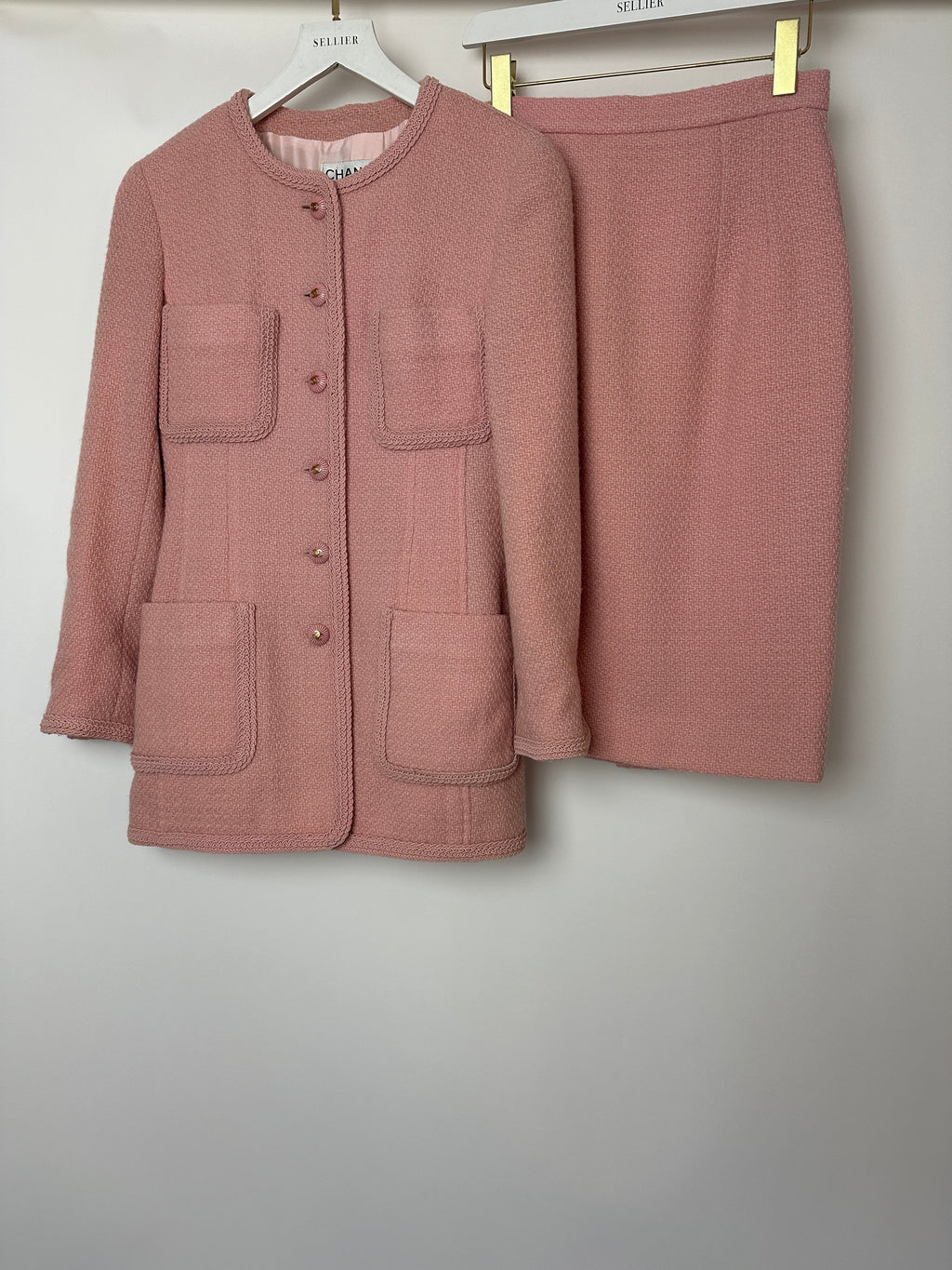 Chanel 93C Pink Tweed Skirt and Jacket Set with Logo Buttons and Pocket Detail FR 38 (UK 10)