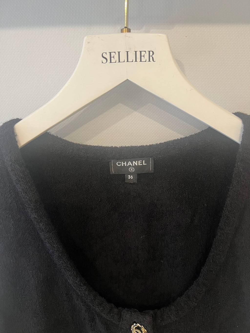 Chanel Black Terry Beach Mini Dress with Pocket Detail and Champagne Gold CC Logo Buttons Size FR 36 (UK 8)