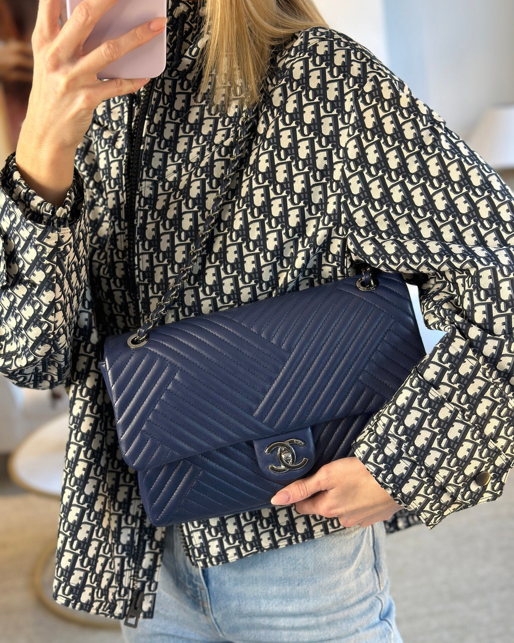 Chanel Navy Jumbo Chevron Quilted Flap Bag in Lambskin Leather with Gun Metal Silver Hardware