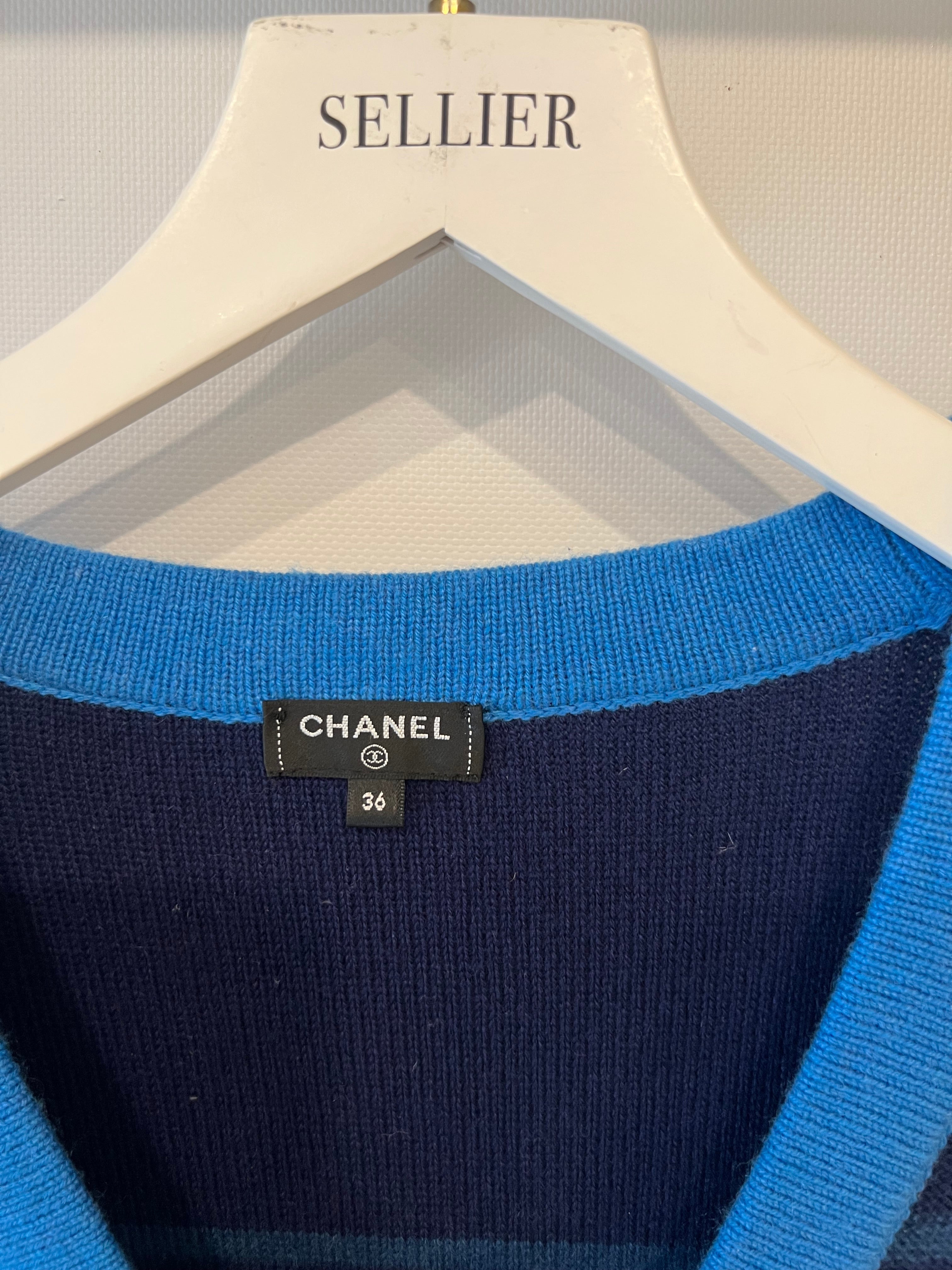 Chanel 20C Blue and Navy Cashmere Striped Long Cardigan with Multicolour Sequins Detail and Silver Camellia CC Buttons Size FR 36 (UK 8)