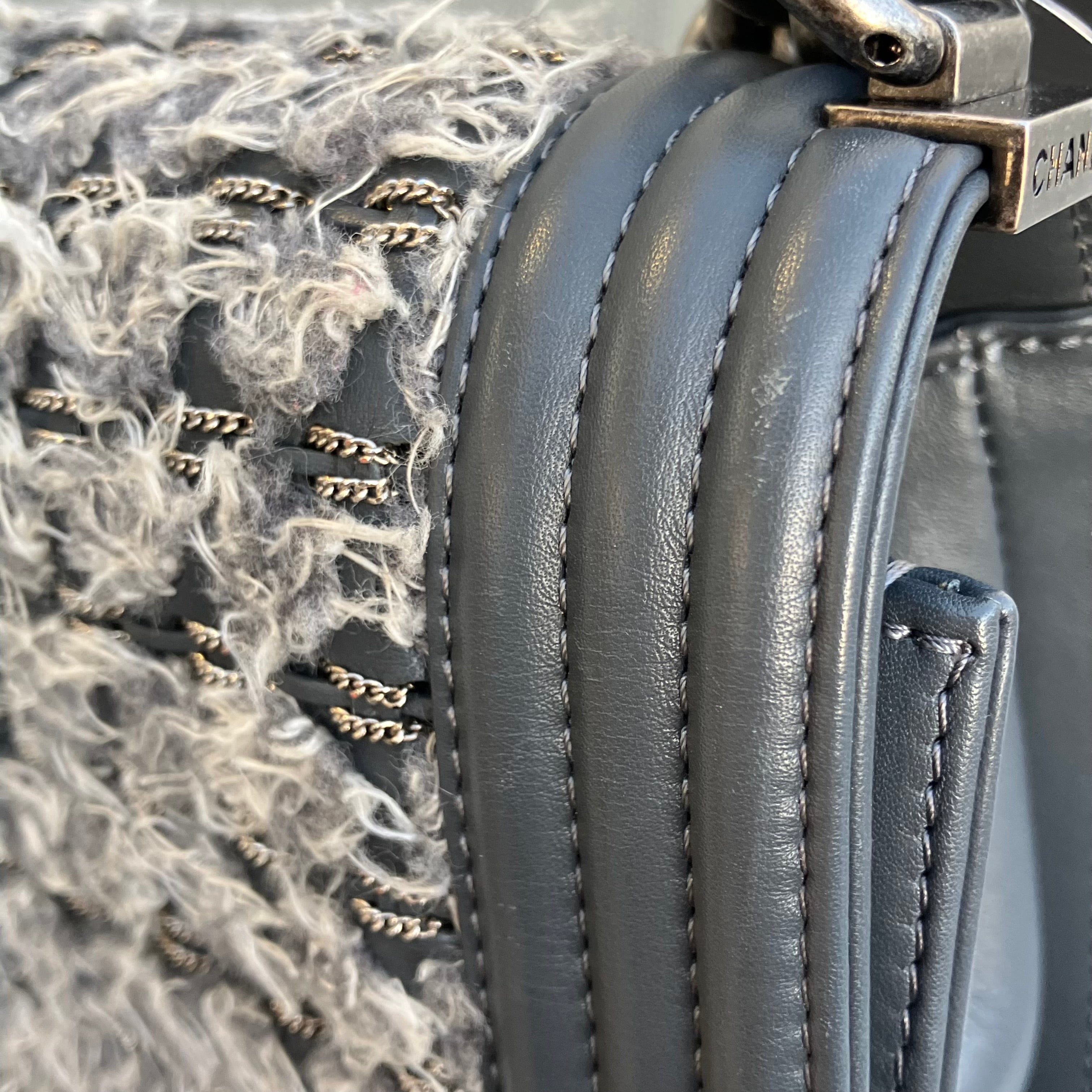 Boy Chanel 2017 Gray Tweed Lambskin Medium Double Chain Shoulder Bag