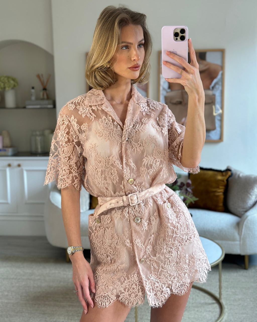 Gucci Pink Lace Mini Dress with Belt Detail Size IT 36 (UK 8)