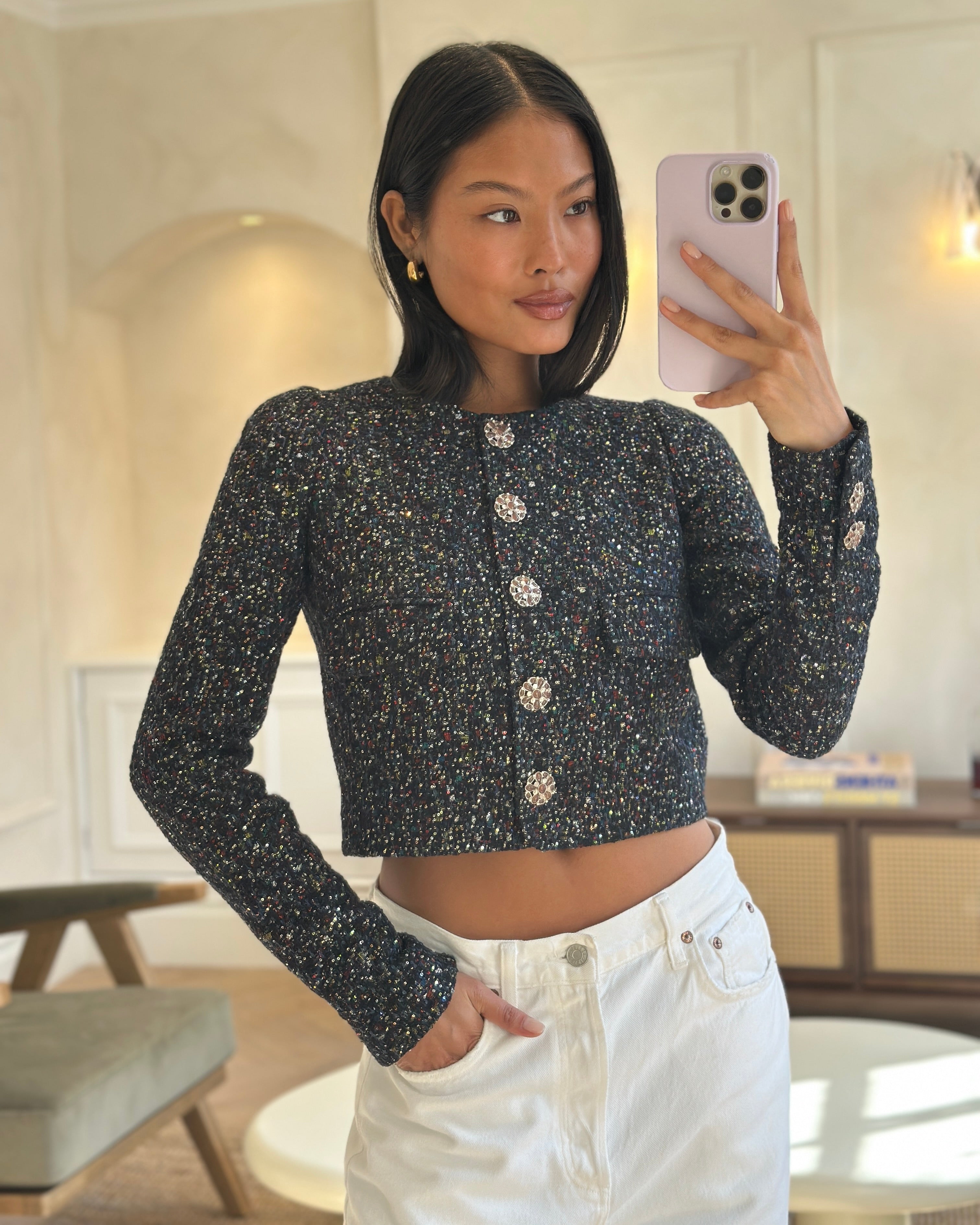 Chanel Navy Blue & Multicolour Sequin Tweed Cropped Jacket With Dusty Pink Camellia Embellished Buttons Detail Size FR 34 (UK 6)