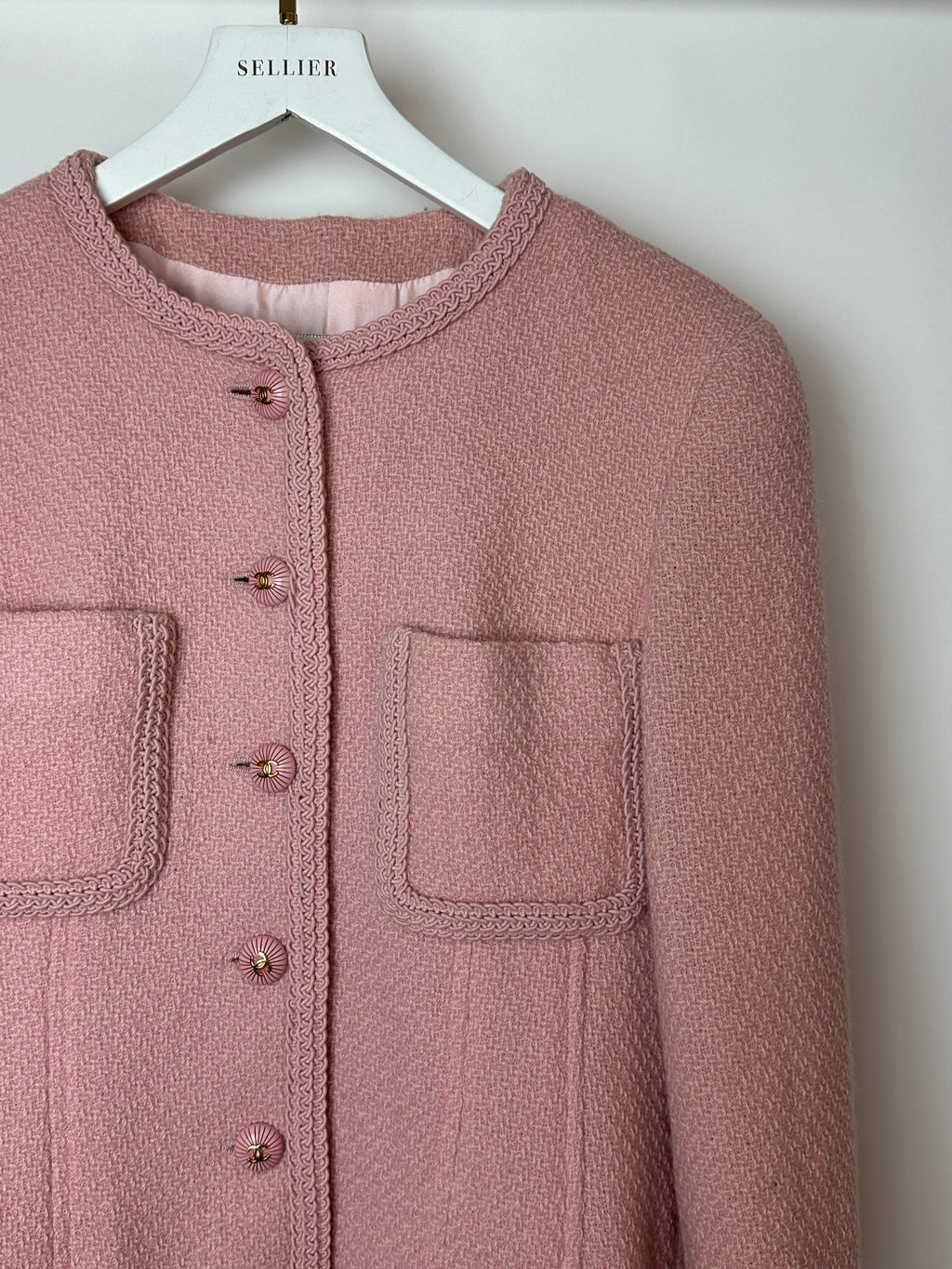 Chanel 93C Pink Tweed Skirt and Jacket Set with Logo Buttons and Pocket Detail FR 38 (UK 10)